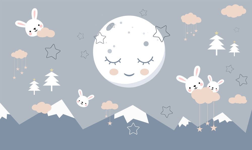 Kids Wall Murals Lullaby Mountains Moon Star Sky Cute Bunnies Wallpaper for Kids