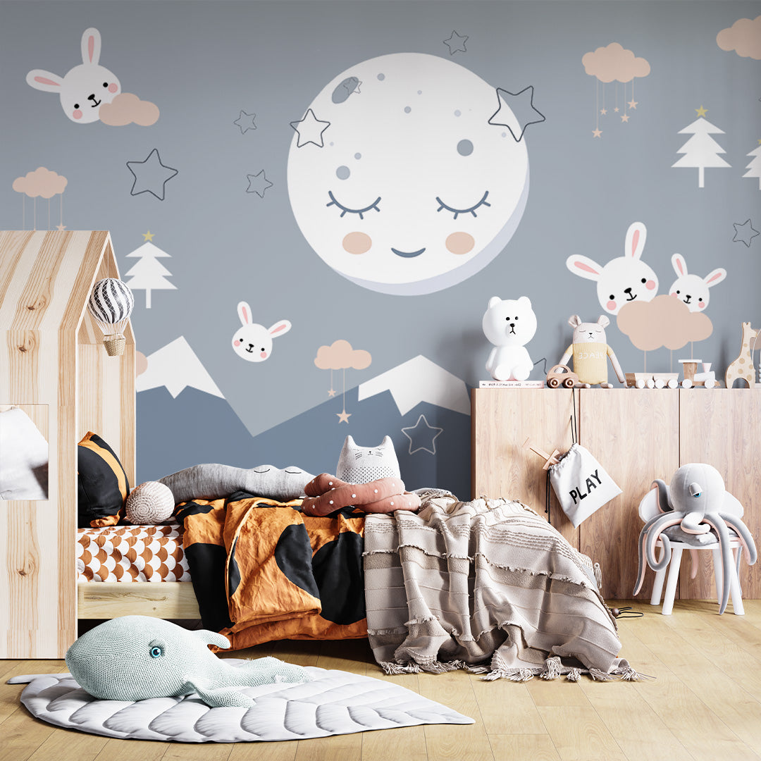 Kids Wall Murals Lullaby Mountains Moon Star Sky Cute Bunnies Wallpaper for Kids