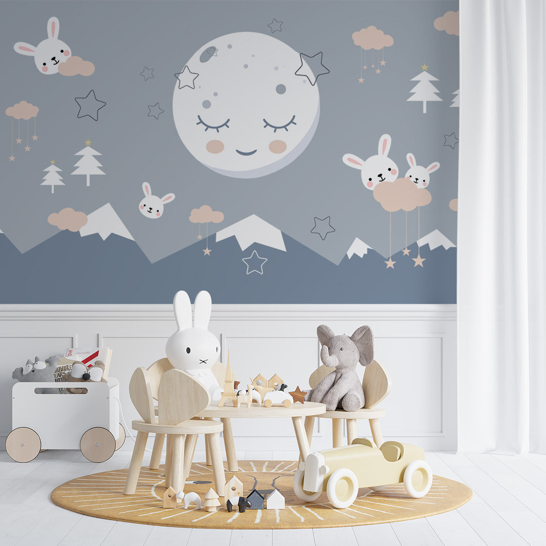 Kids Wall Murals Lullaby Mountains Moon Star Sky Cute Bunnies Wallpaper for Kids