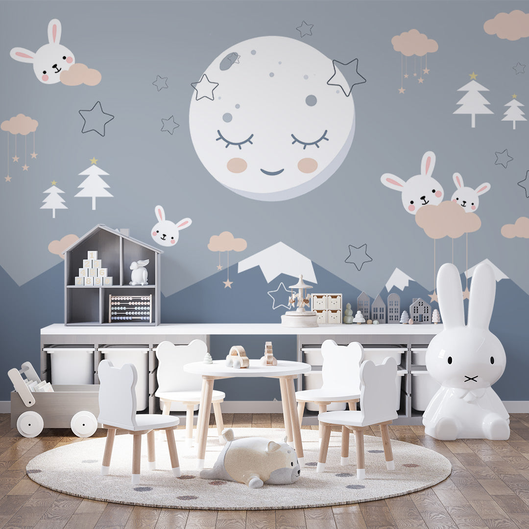 Kids Wall Murals Lullaby Mountains Moon Star Sky Cute Bunnies Wallpaper for Kids