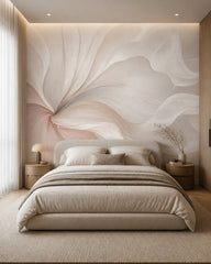Oversized blush petals wallpaper in a calm neutral bedroom.