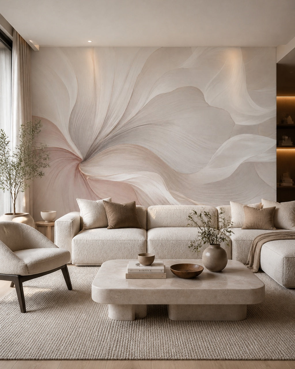 Oversized blush petals wallpaper in a modern living room.
