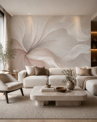 Oversized blush petals wallpaper in a modern living room.