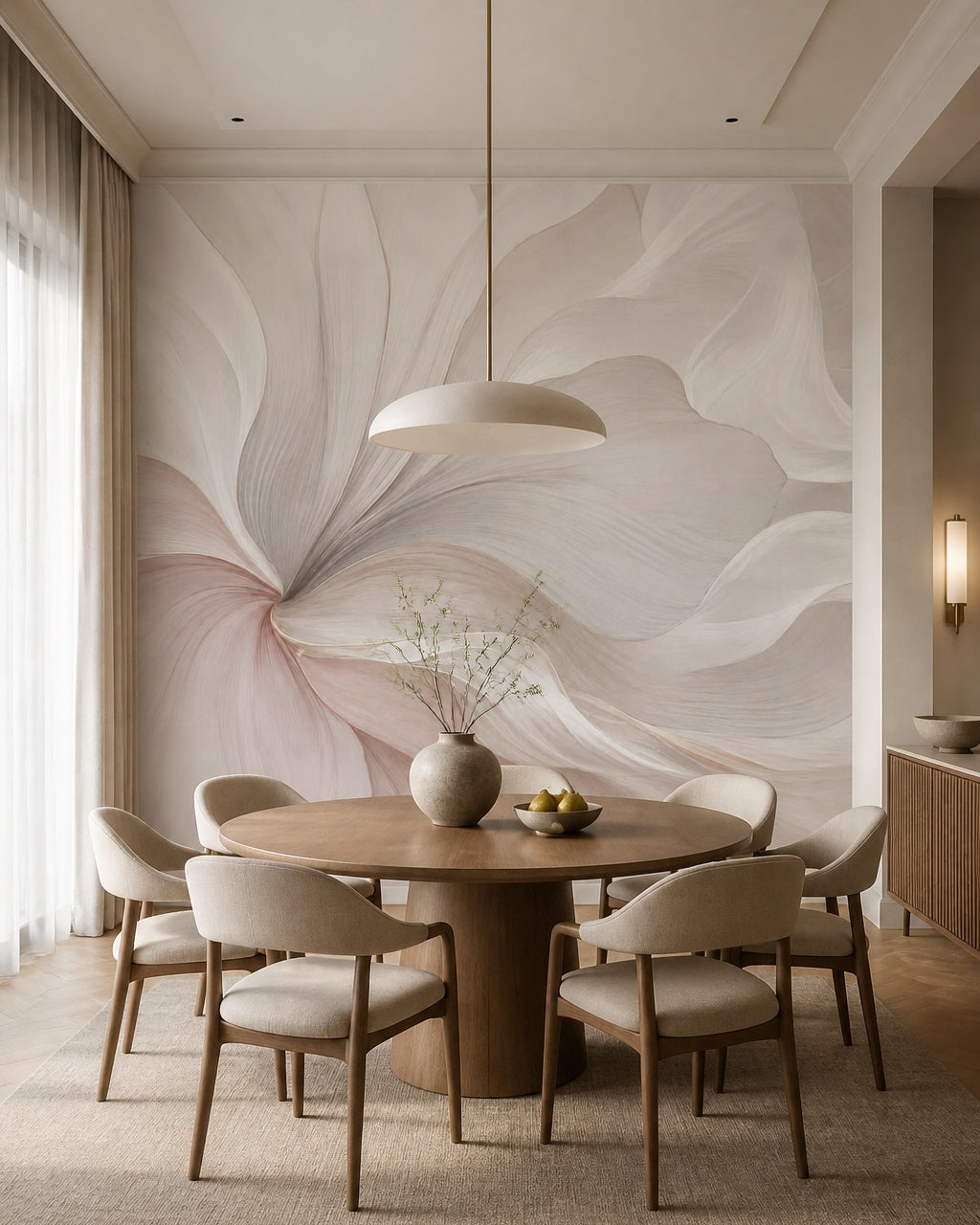 Oversized blush petals wallpaper in a dining room with a round table.