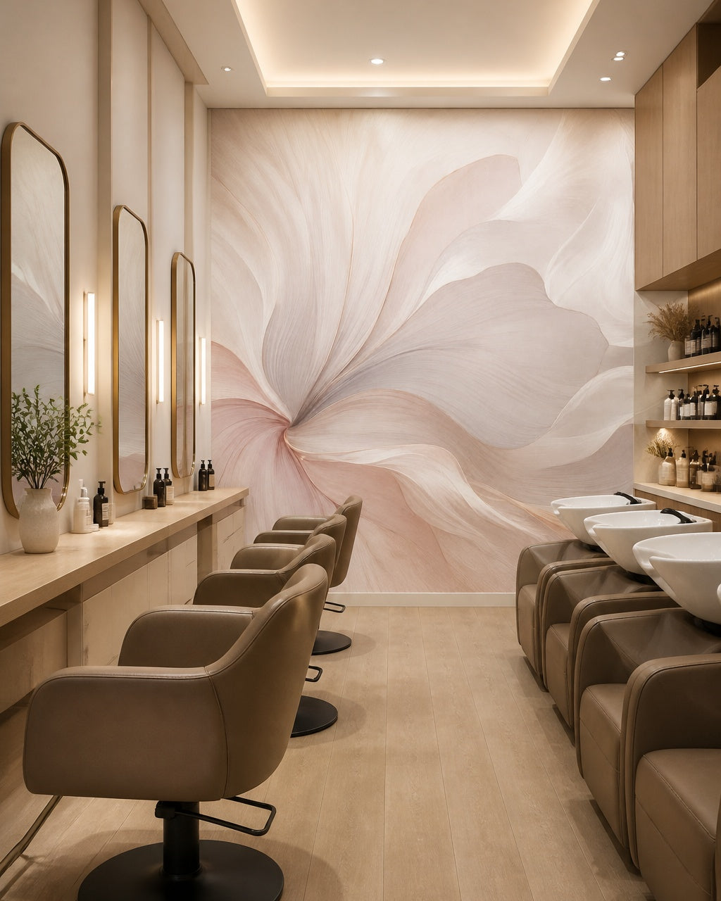 Oversized blush petals wallpaper in a beauty salon.