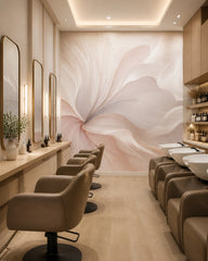 Oversized blush petals wallpaper in a beauty salon.