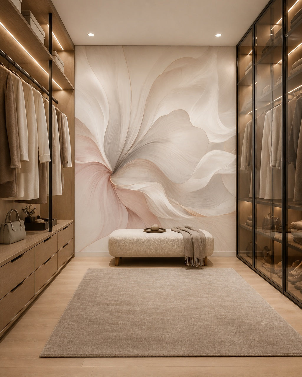 Oversized blush petals wallpaper in a walk-in closet.