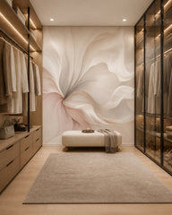 Oversized blush petals wallpaper in a walk-in closet.