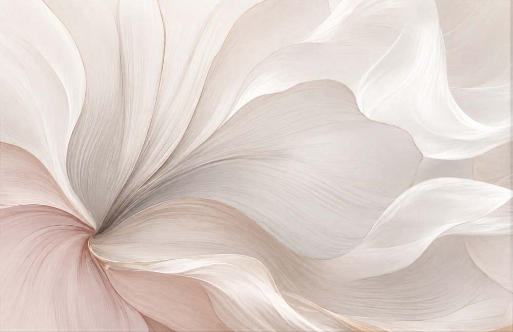 Wallpaper with oversized soft white and blush flower petals in a close-up.