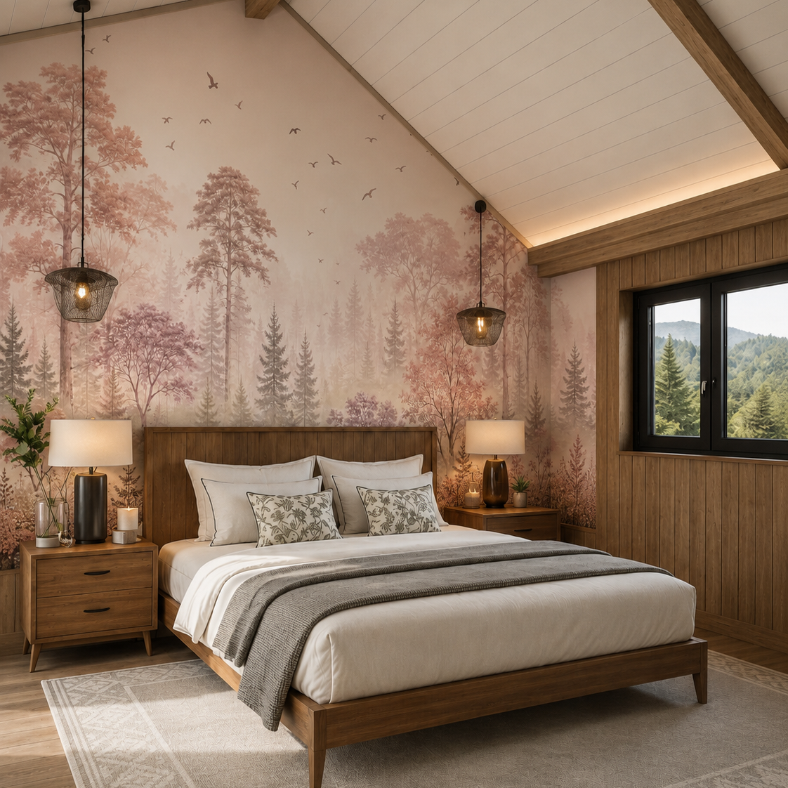 Pink forest wallpaper with misty trees and flying birds behind a wooden bed in a warm modern bedroom.