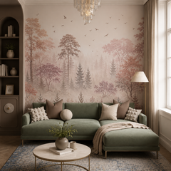 Blush woodland wall mural with soft pink trees behind a sage green sectional sofa in an elegant living room.
