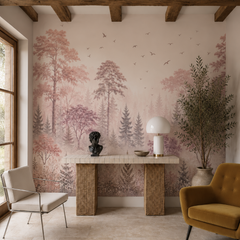 Romantic pink forest mural with birds, warm wood beams and neutral furniture in a cozy interior.