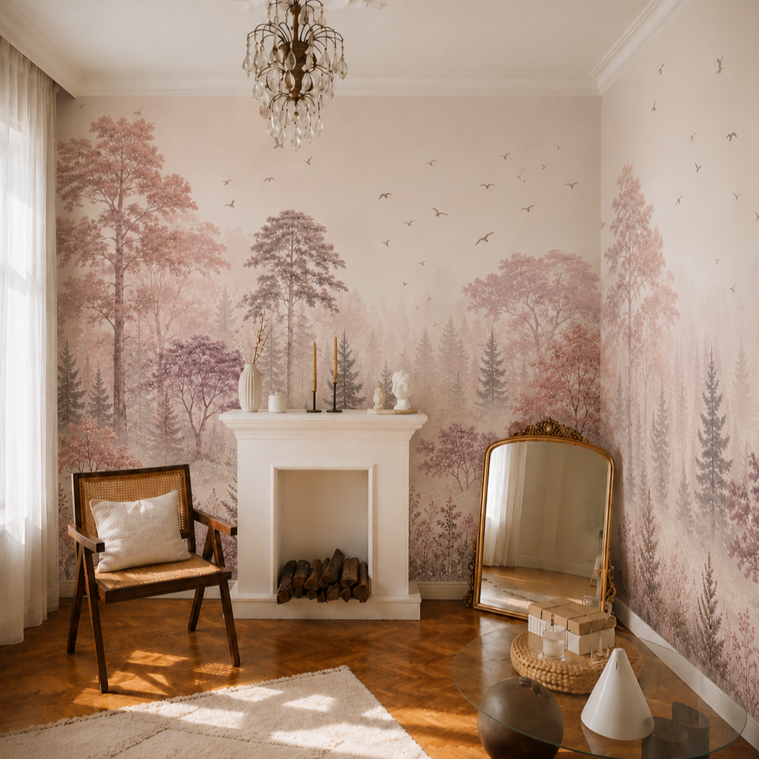 Blush pink misty forest wallpaper wrapping around a bright room with fireplace and vintage decor.