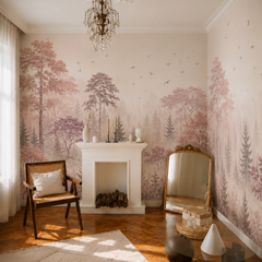 Blush pink misty forest wallpaper wrapping around a bright room with fireplace and vintage decor.