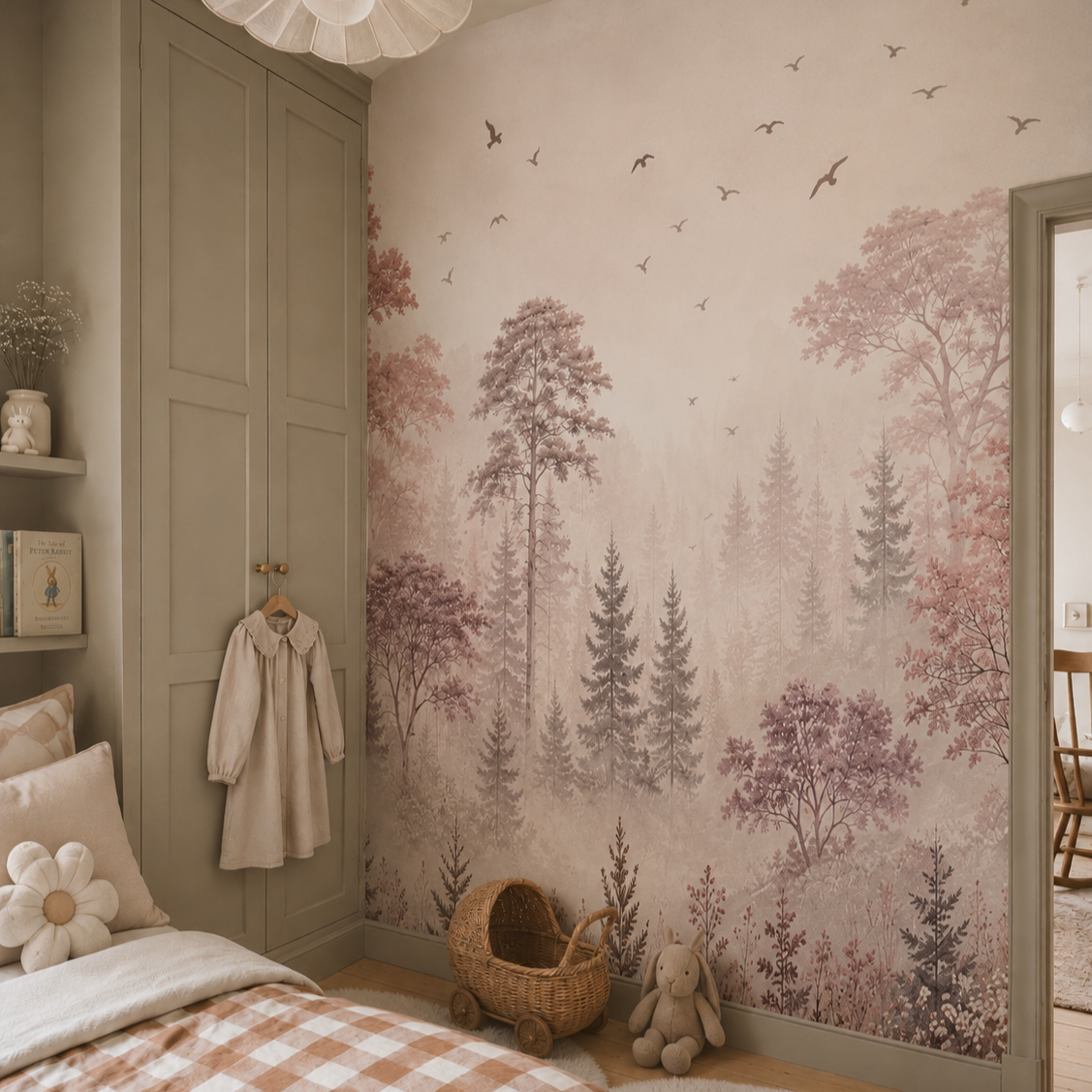 Soft pink woodland mural with tall trees and birds in a neutral girls bedroom with built-in wardrobe.
