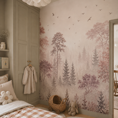 Soft pink woodland mural with tall trees and birds in a neutral girls bedroom with built-in wardrobe.