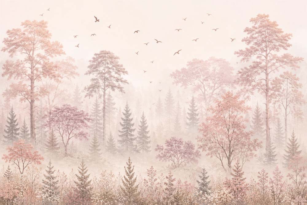Pink forest wallpaper with layered trees, dusty rose foliage and flying birds on a light blush background.
