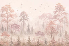 Pink forest wallpaper with layered trees, dusty rose foliage and flying birds on a light blush background.