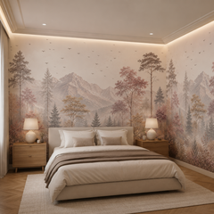 Blush mountain forest wallpaper with pink trees and birds behind a neutral upholstered bed in an elegant bedroom.