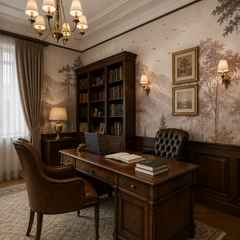 Pink alpine landscape wall mural with mountains, woodland trees and flying birds in a classic dark wood home office.