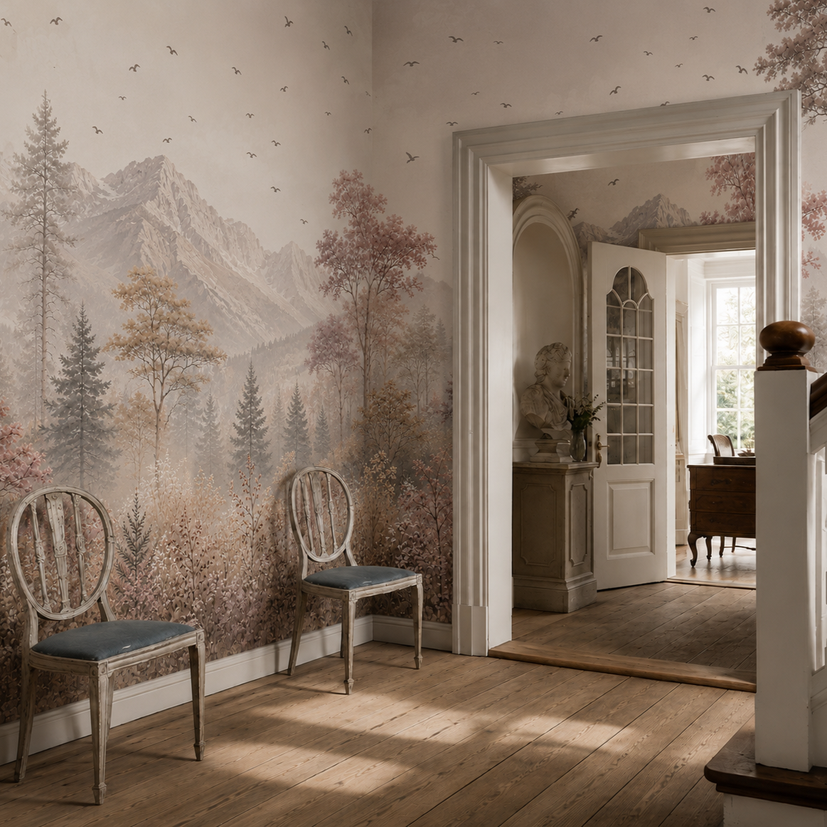 Romantic mountain forest wallpaper with dusty pink trees and soft beige landscape in a bright traditional hallway.