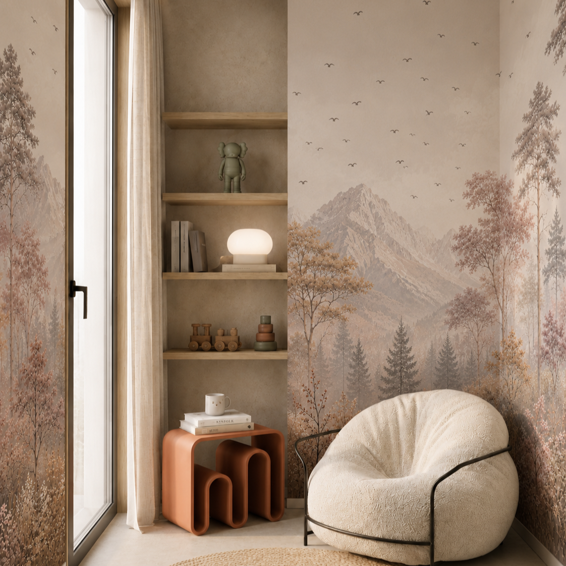 Blush woodland mountain mural with birds and pastel trees in a cozy modern reading nook with cream chair.