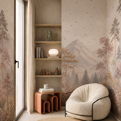 Blush woodland mountain mural with birds and pastel trees in a cozy modern reading nook with cream chair.
