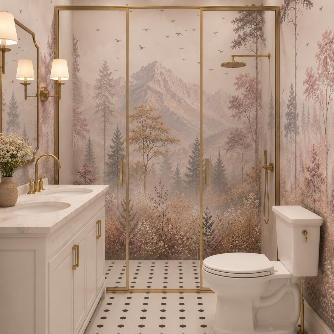 Pink mountain forest wallpaper with wildflowers and muted woodland scenery used in an elegant bathroom interior.