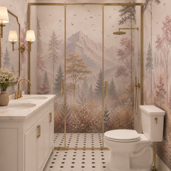 Pink mountain forest wallpaper with wildflowers and muted woodland scenery used in an elegant bathroom interior.