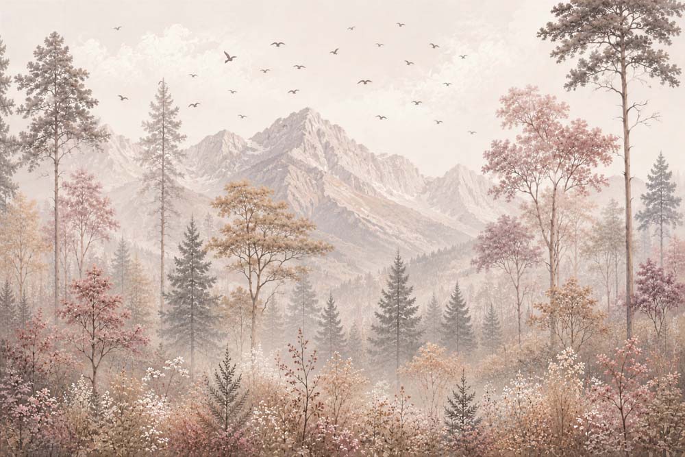Soft blush mountain landscape wallpaper with alpine peaks, pink and beige trees, wildflowers and flying birds.