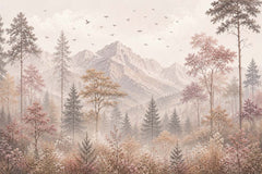 Soft blush mountain landscape wallpaper with alpine peaks, pink and beige trees, wildflowers and flying birds.