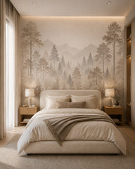 Beige misty pine landscape wallpaper in a calm neutral bedroom.