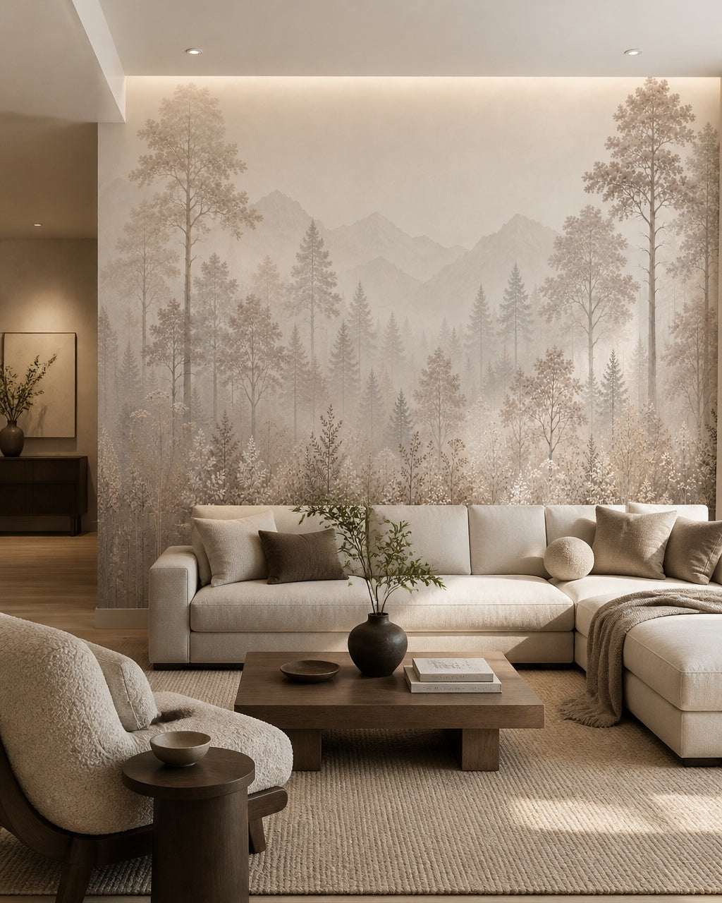 Beige misty pine landscape wallpaper in a modern living room.