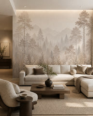 Beige misty pine landscape wallpaper in a modern living room.