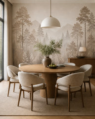 Beige misty pine landscape wallpaper in a dining room with a round table.