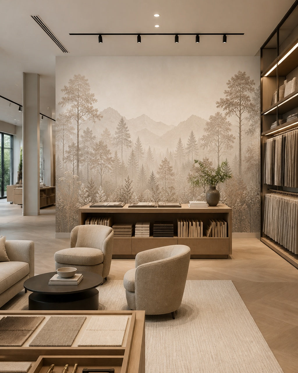 Beige misty pine landscape wallpaper in a boutique reception area.
