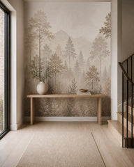 Beige misty pine landscape wallpaper in an entryway with a console.