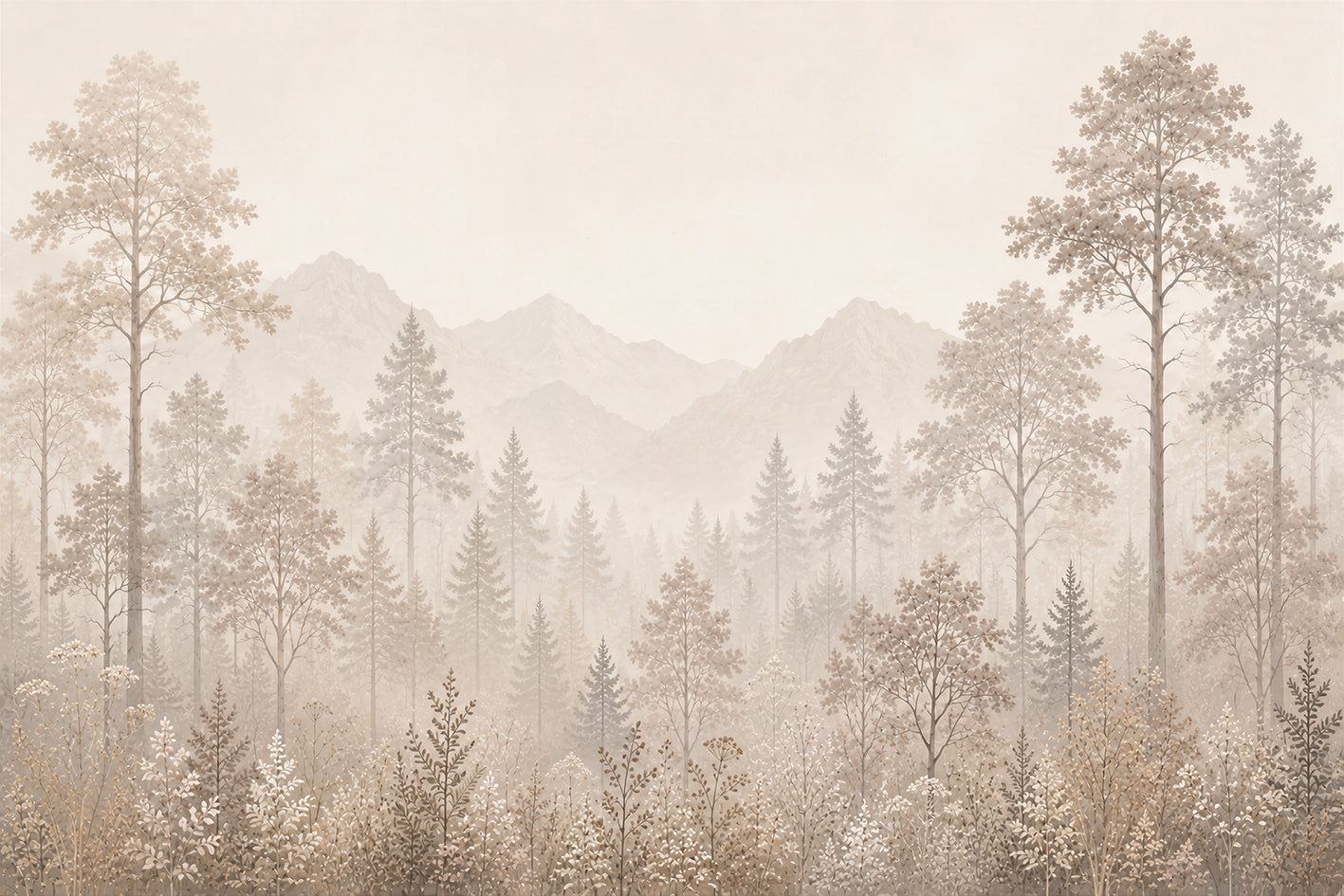 Soft beige wallpaper with pine trees and misty mountains.