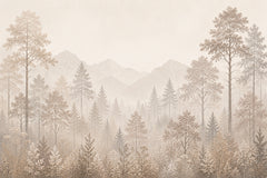 Soft beige wallpaper with pine trees and misty mountains.