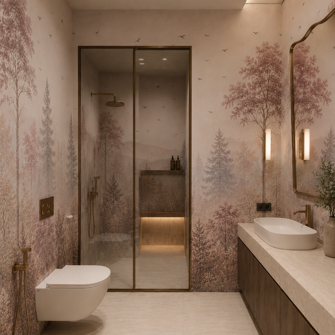 Soft pink woodland mural with layered forest and distant mountains behind a neutral sofa in a cozy living room.