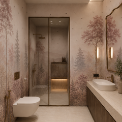 Soft pink woodland mural with layered forest and distant mountains behind a neutral sofa in a cozy living room.