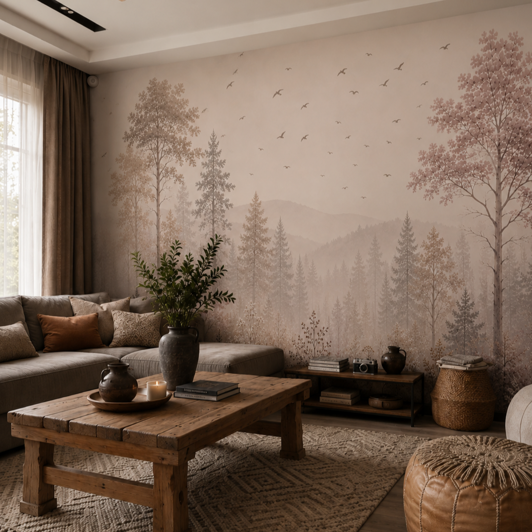 Dusty blush forest wallpaper with birds and subtle mountain scenery in a classic home office with olive trim.