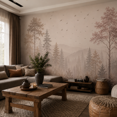 Dusty blush forest wallpaper with birds and subtle mountain scenery in a classic home office with olive trim.