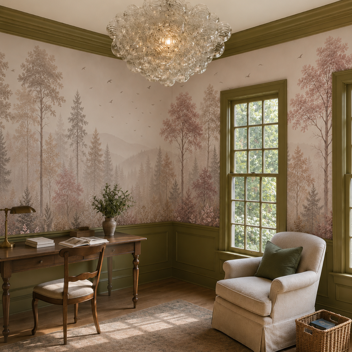 Blush misty forest wallpaper with pink and beige trees, birds and wildflowers in an elegant modern bathroom.