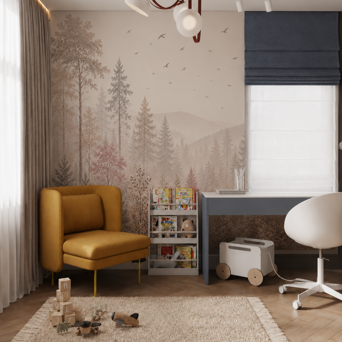 Blush forest wallpaper with soft trees, birds and mountain silhouettes in a modern children’s study room.