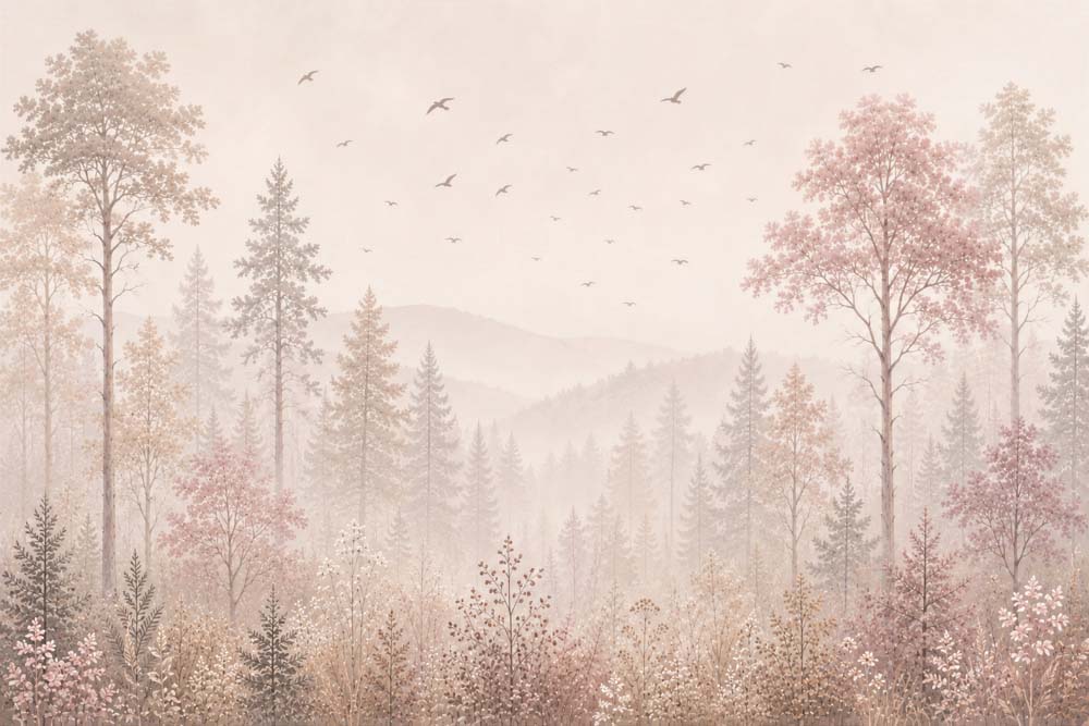 Soft blush woodland landscape wallpaper with layered trees, wildflowers, birds and subtle mountains.
