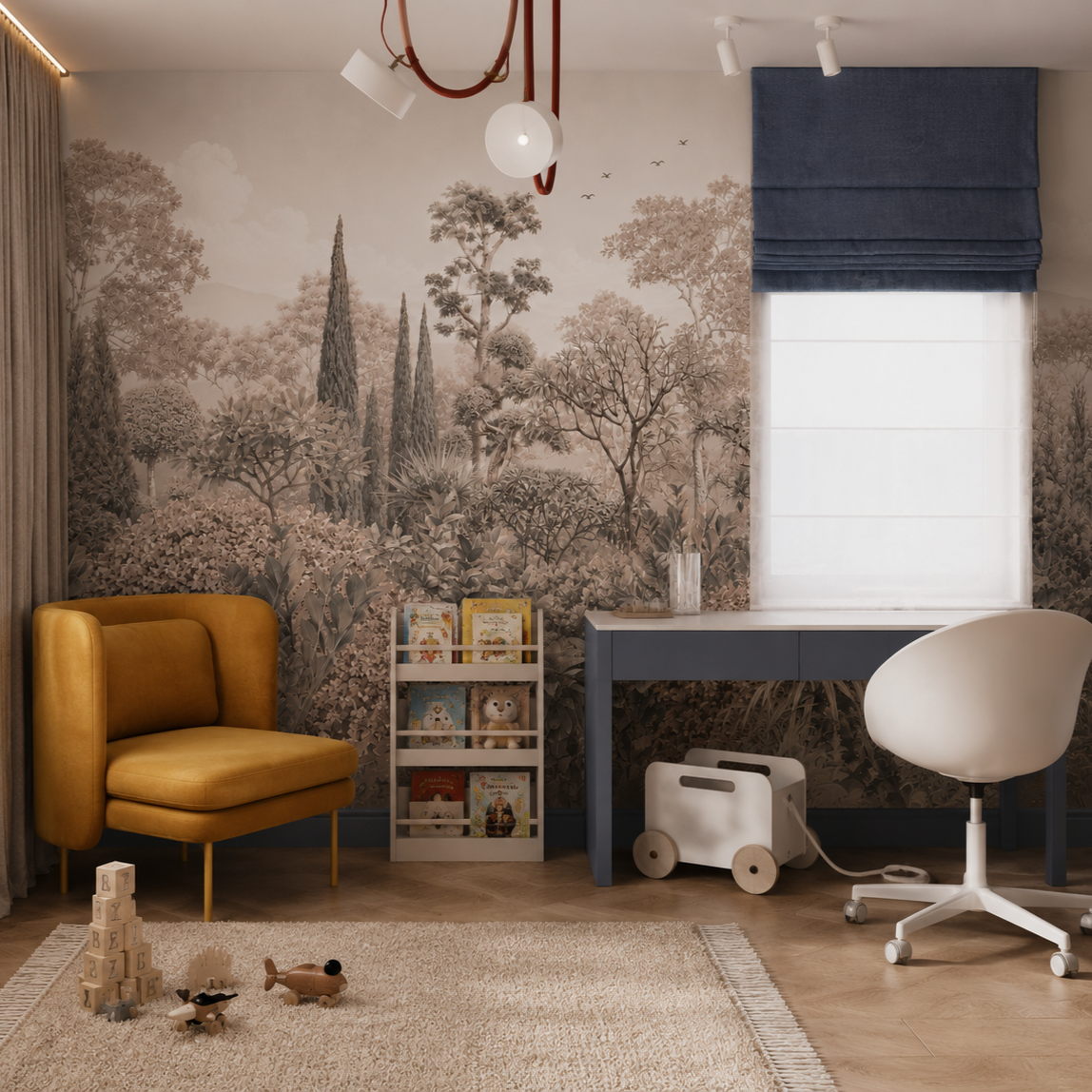 Sepia botanical landscape wall mural with detailed trees and foliage in an elegant dining room with classic furniture.