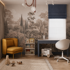 Sepia botanical landscape wall mural with detailed trees and foliage in an elegant dining room with classic furniture.