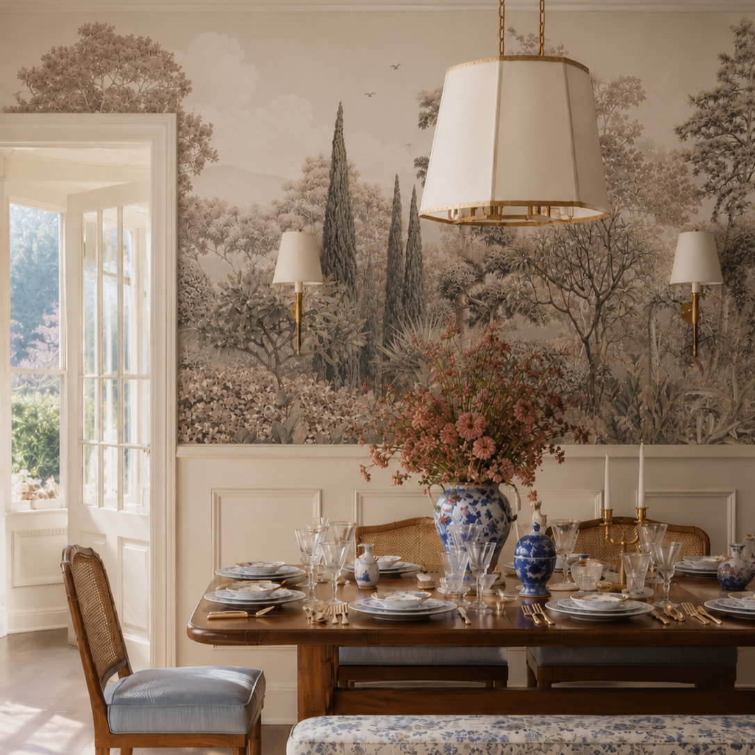 Vintage garden wallpaper with layered trees and neutral botanical scenery in a sophisticated olive green home office.