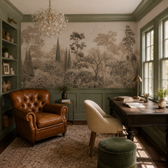Vintage botanical garden wallpaper in warm beige and taupe tones in a modern children’s study room with mustard chair.